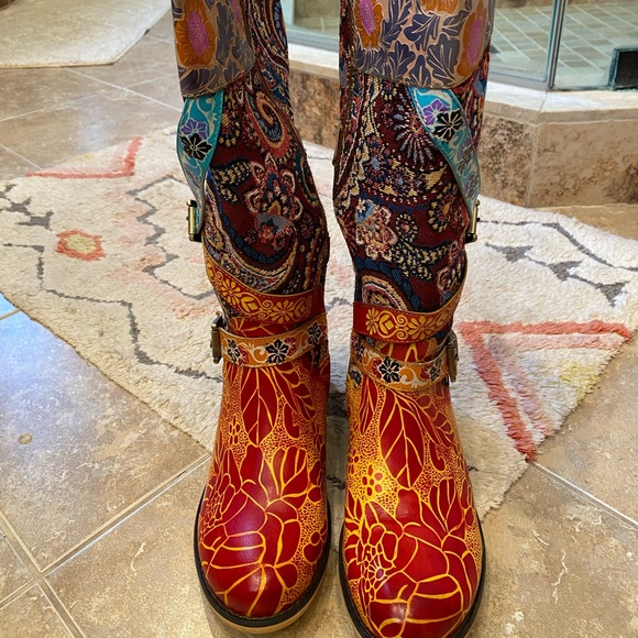 Soffia Brown Floral Tie Accent Leather Vintage Knee High Boots - Picture 2 of 9